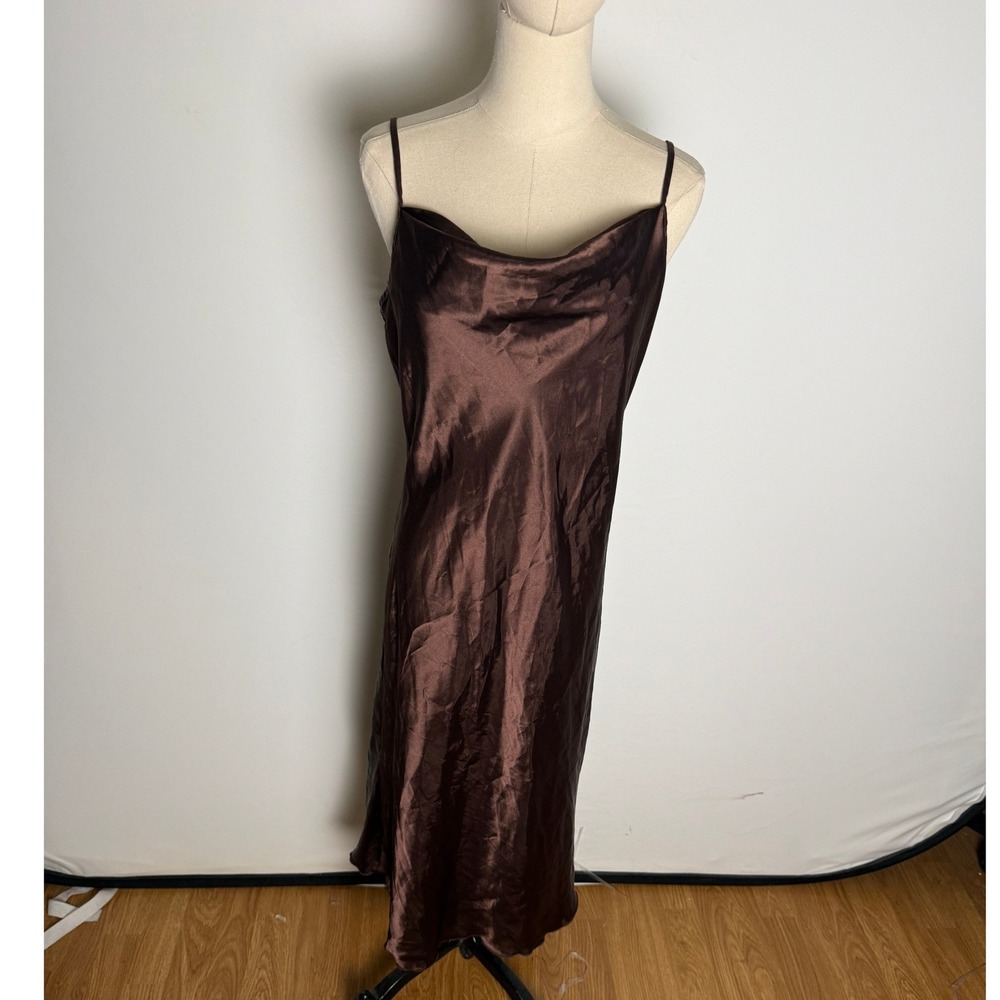 BEBE Brown Satin Cowl Neck Midi Slip Dress Spaghetti Strap M Y2K